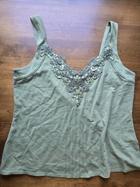 Olive Green Beaded Tank Top Womens 18/20W Embellished Sleeveless Blouse Boho